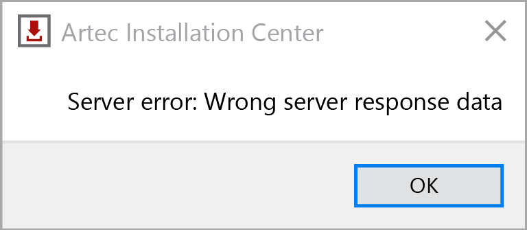 Artec Installation Center Server error: Wrong server response data OK